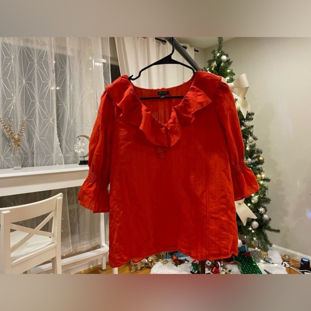 Ann Taylor Festive Red Ruffle-Neck Blouse